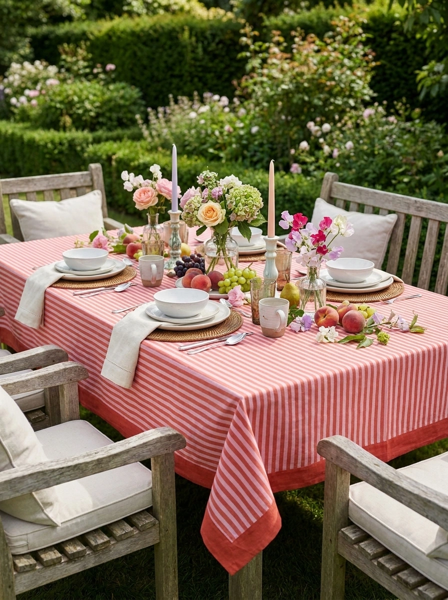 Wood Block Printed Handmade Tablecloth 150x220 cms Stripe Pink Red 207993