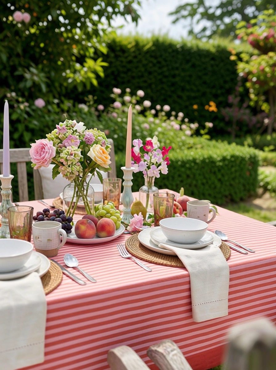 Wood Block Printed Handmade Tablecloth 150x220 cms Stripe Pink Red 207993