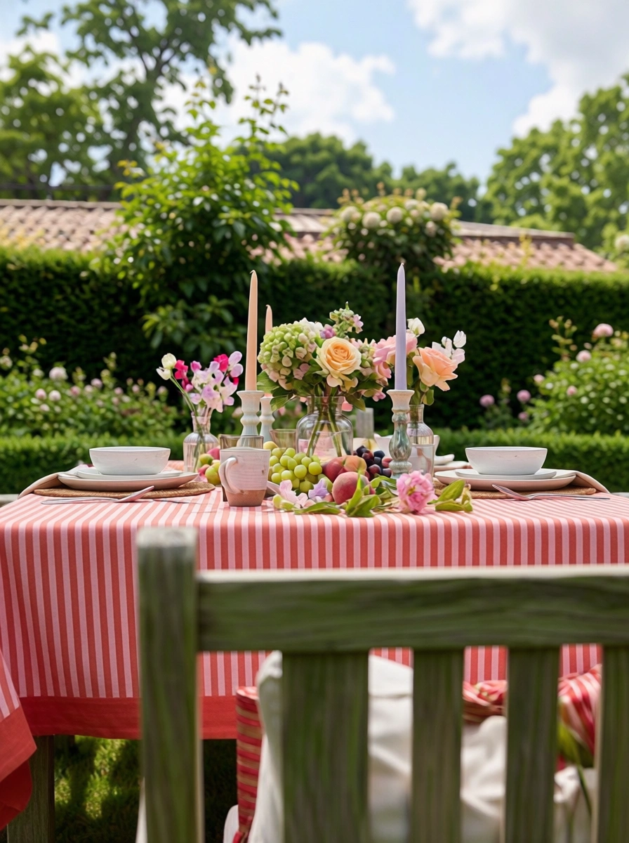 Wood Block Printed Handmade Tablecloth 150x220 cms  Stripe Pink Red 207993