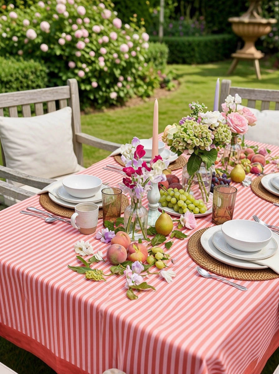 Wood Block Printed Handmade Tablecloth 150x220 cms Stripe Pink Red 207993