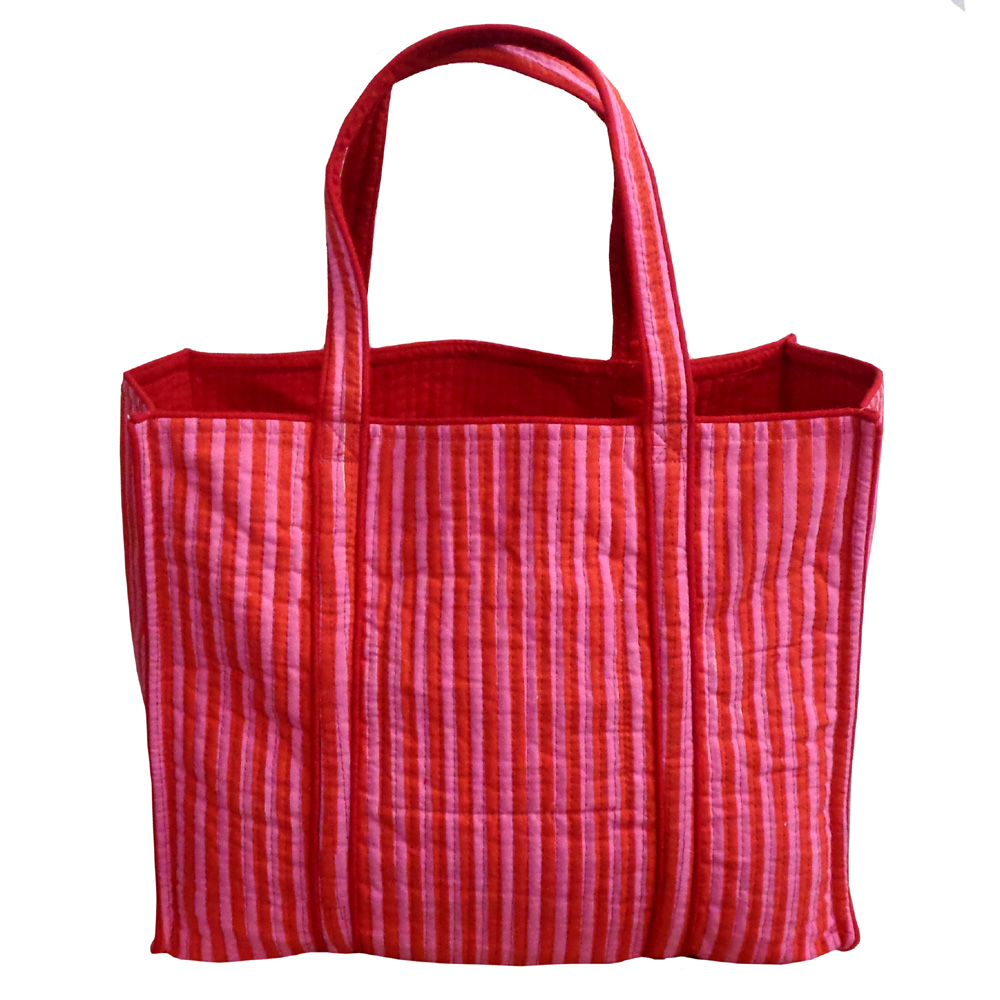 Hand Block Printed Cotton Quilted Tote Bag  Stripe Pink Red 207993