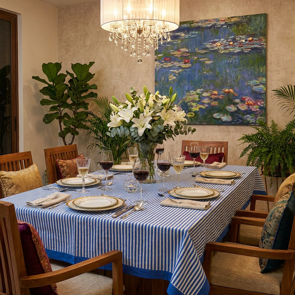 12 Seater Tablecloth 180x340 cms Stripes Navy 202519