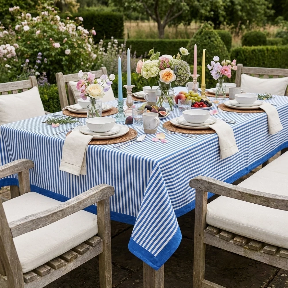 Image of Wood Block Printed Handmade Tablecloth 150x220 cms | Stripes Navy 202519