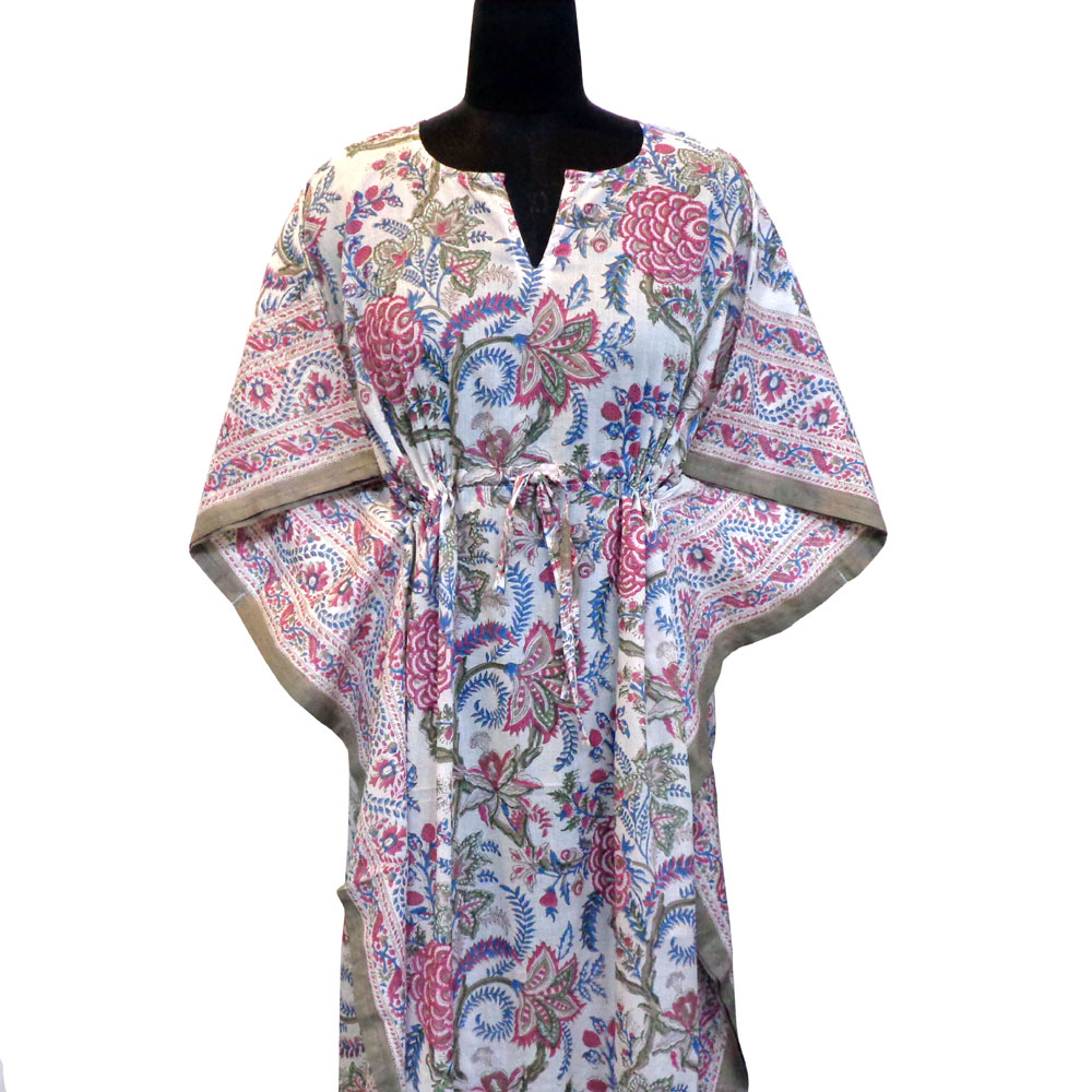Long Size Kaftan Free Size Indian Block-Printed Loungewear in Soft Cotton Voile Bela Maroon Open 103580