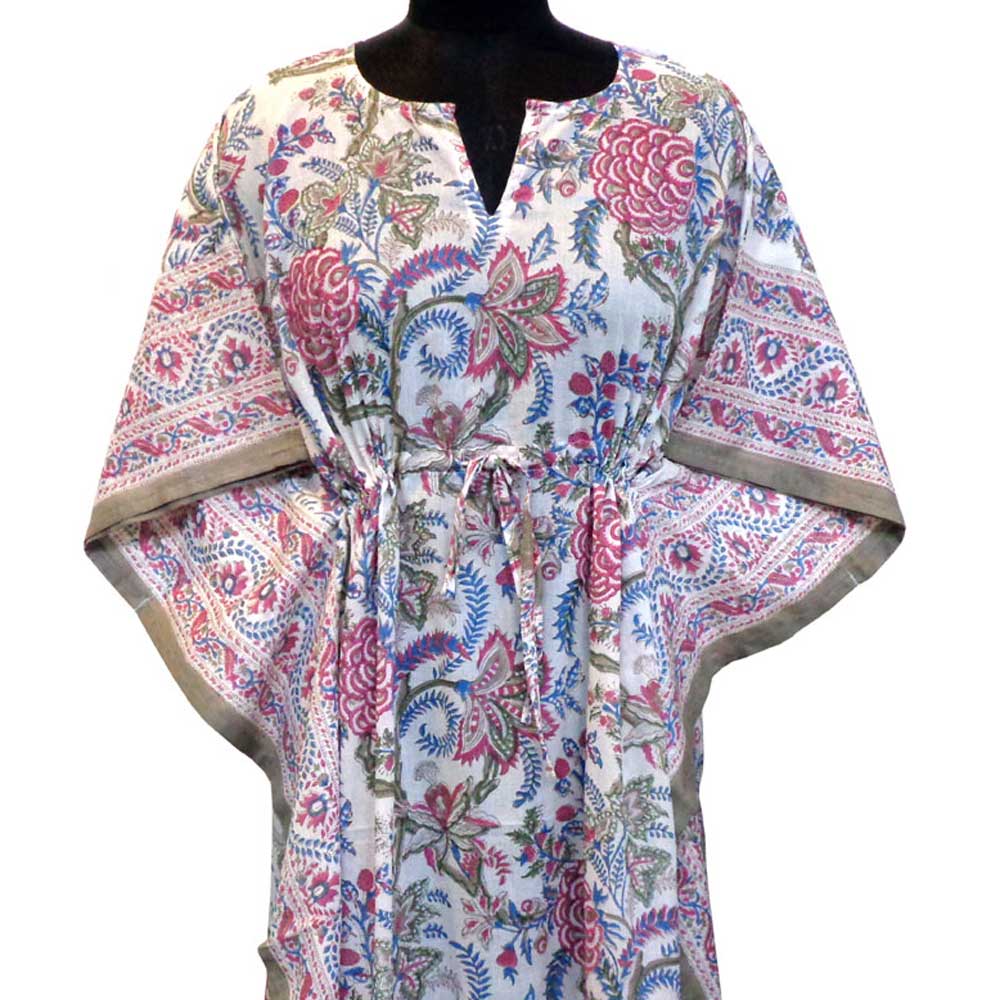 Long Size Kaftan Free Size Indian Block-Printed Loungewear in Soft Cotton Voile Bela Maroon Open 103580