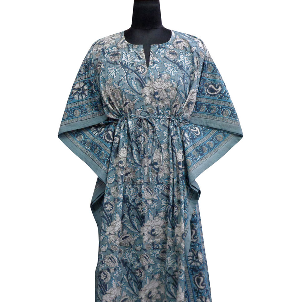 Long Size Kaftan Free Size Indian Block-Printed Loungewear in Soft Cotton Voile Amarnath Grey Gud 108994