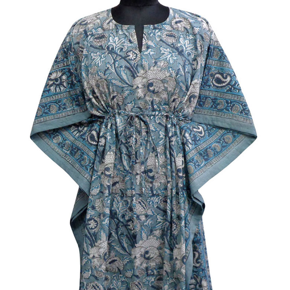 Long Size Kaftan Free Size Indian Block-Printed Loungewear in Soft Cotton Voile Amarnath Grey Gud 108994