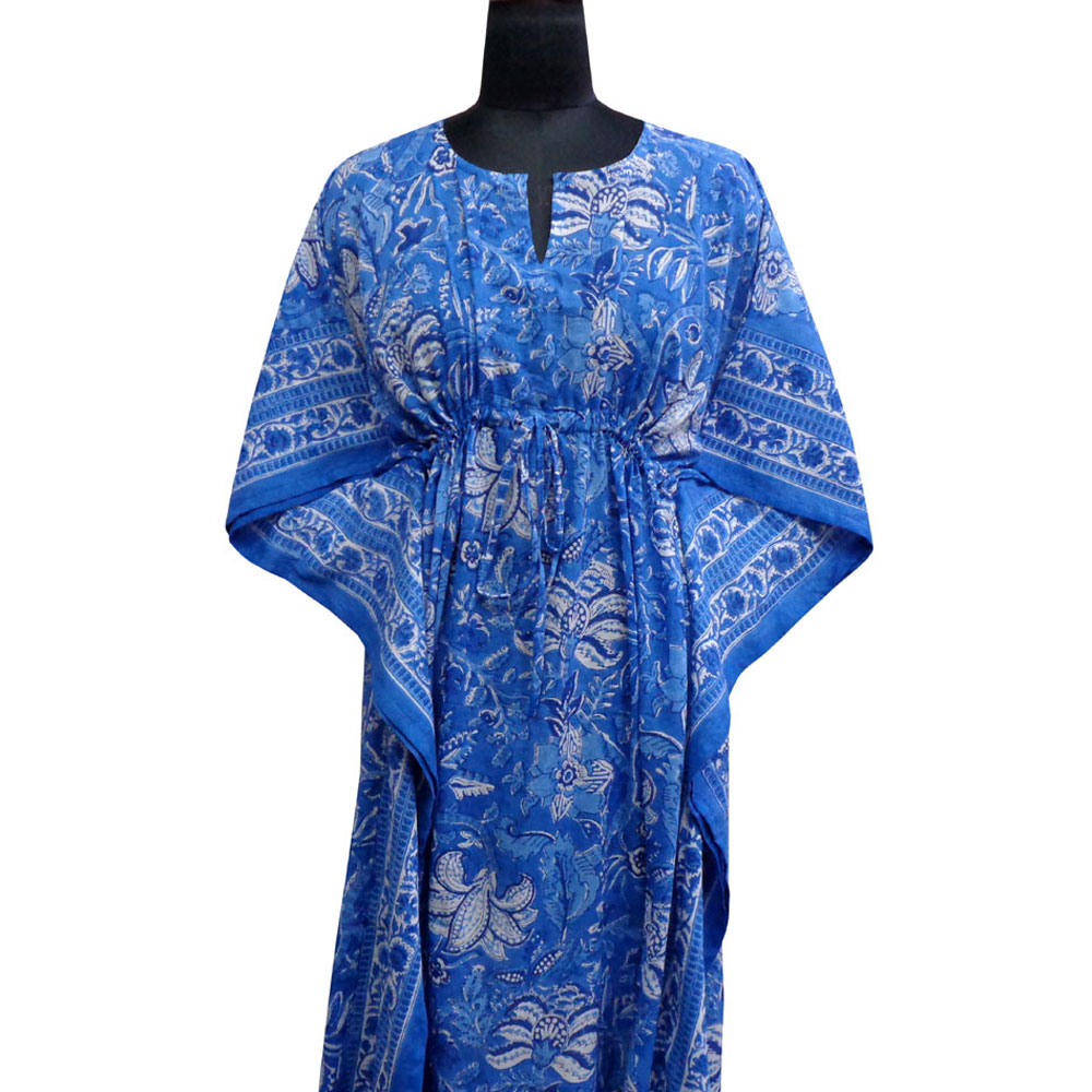 Long Size Kaftan Free Size Indian Block-Printed Loungewear in Soft Cotton Voile Anarkali Blue Gud 106797