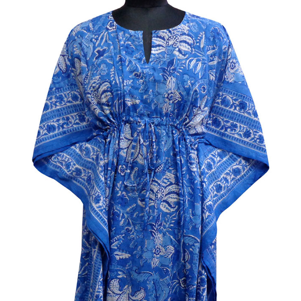 Long Size Kaftan Free Size Indian Block-Printed Loungewear in Soft Cotton Voile Anarkali Blue Gud 106797