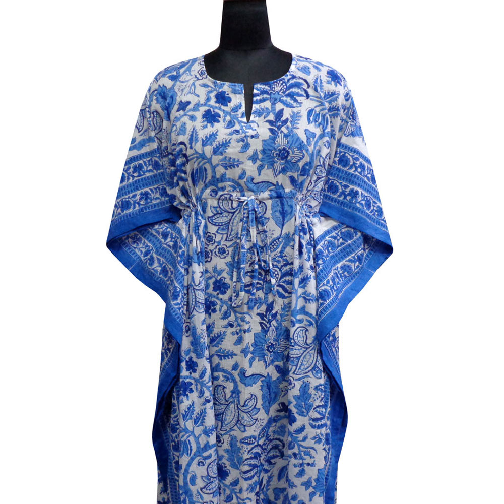 Long Size Kaftan Free Size Indian Block-Printed Loungewear in Soft Cotton Voile Anarkali Blue Open 106795