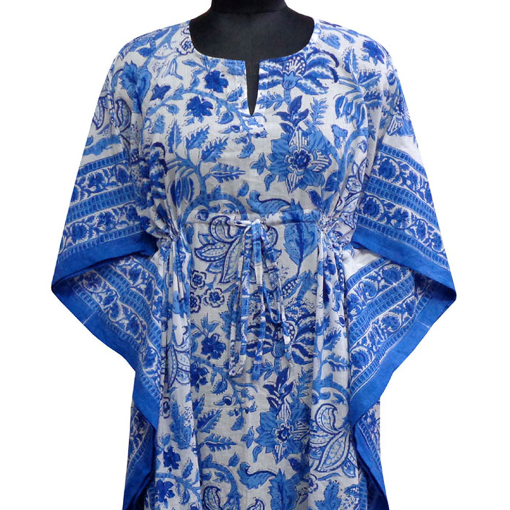 Long Size Kaftan Free Size Indian Block-Printed Loungewear in Soft Cotton Voile Anarkali Blue Open 106795