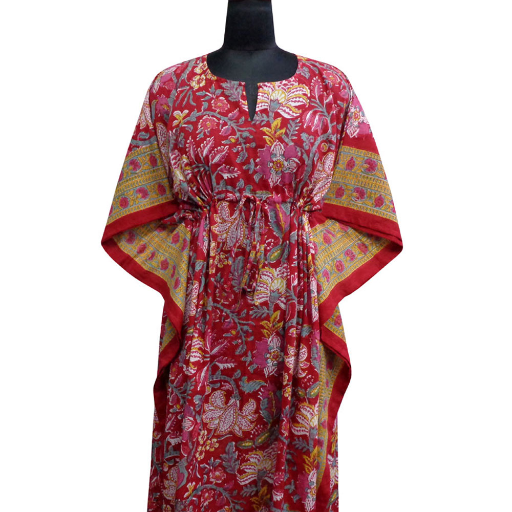 Long Size Kaftan Free Size Indian Block-Printed Loungewear in Soft Cotton Voile Anarkali Red Gud 201397