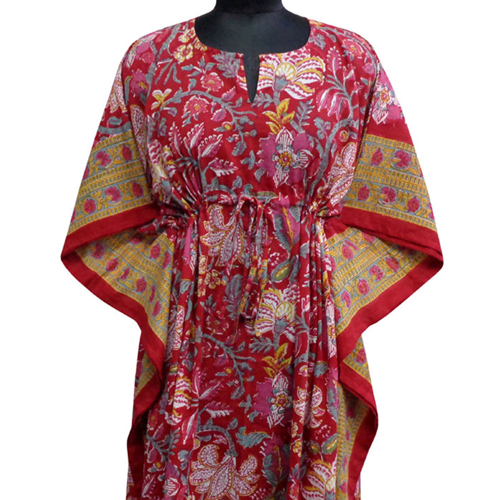 Long Size Kaftan Free Size Indian Block-Printed Loungewear in Soft Cotton Voile Anarkali Red Gud 201397