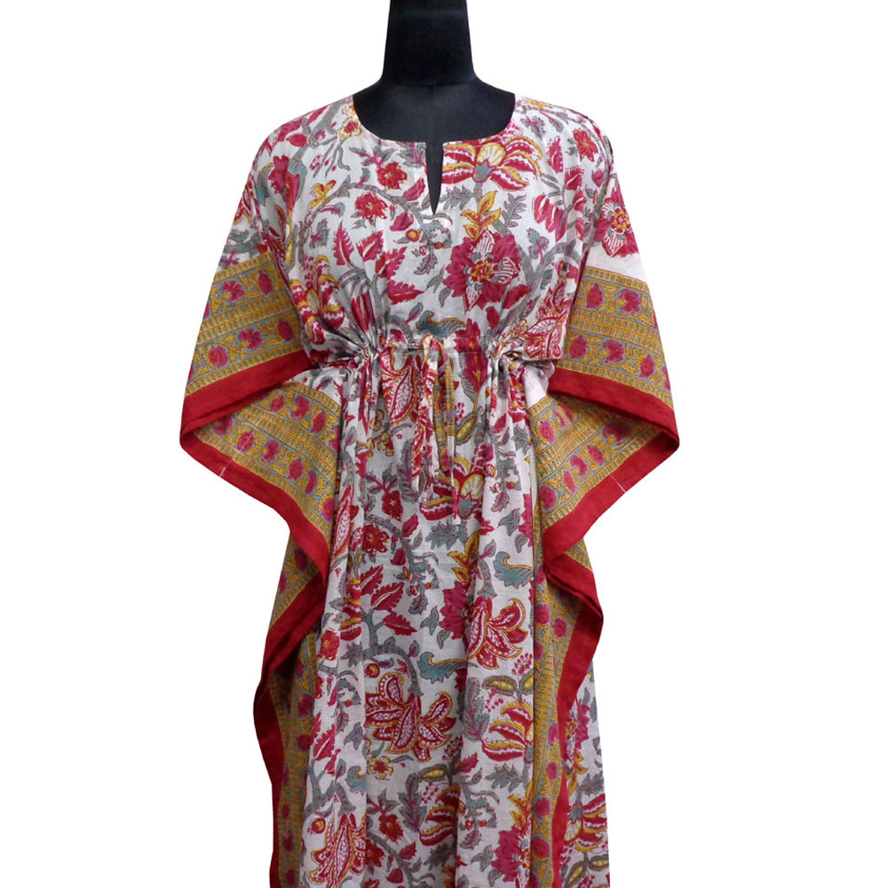 Long Size Kaftan Free Size Indian Block-Printed Loungewear in Soft Cotton Voile Anarkali Red Open 200652