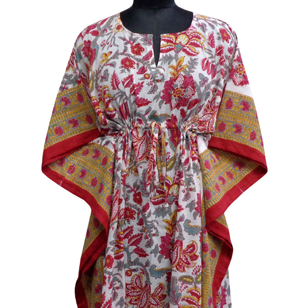 Long Size Kaftan Free Size Indian Block-Printed Loungewear in Soft Cotton Voile Anarkali Red Open 200652