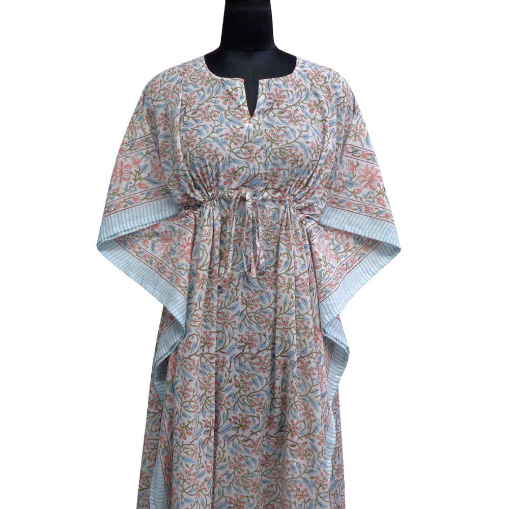 Long Size Kaftan Free Size Indian Block-Printed Loungewear in Soft Cotton Voile Berry Pink 106128
