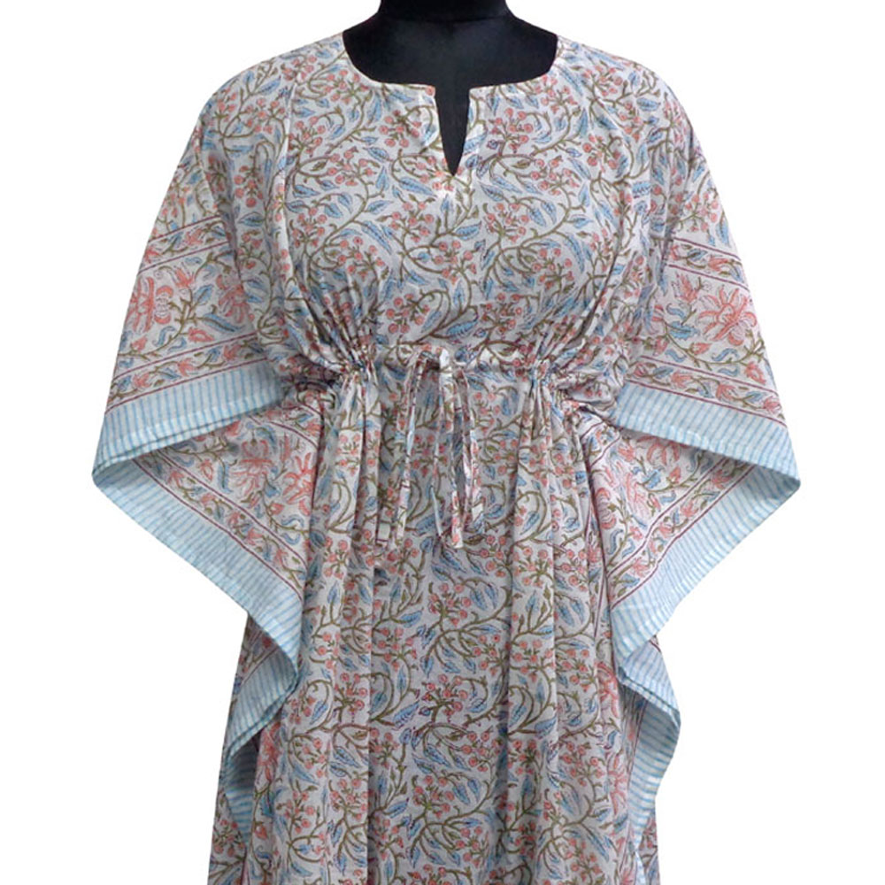 Long Size Kaftan Free Size Indian Block-Printed Loungewear in Soft Cotton Voile Berry Pink 106128