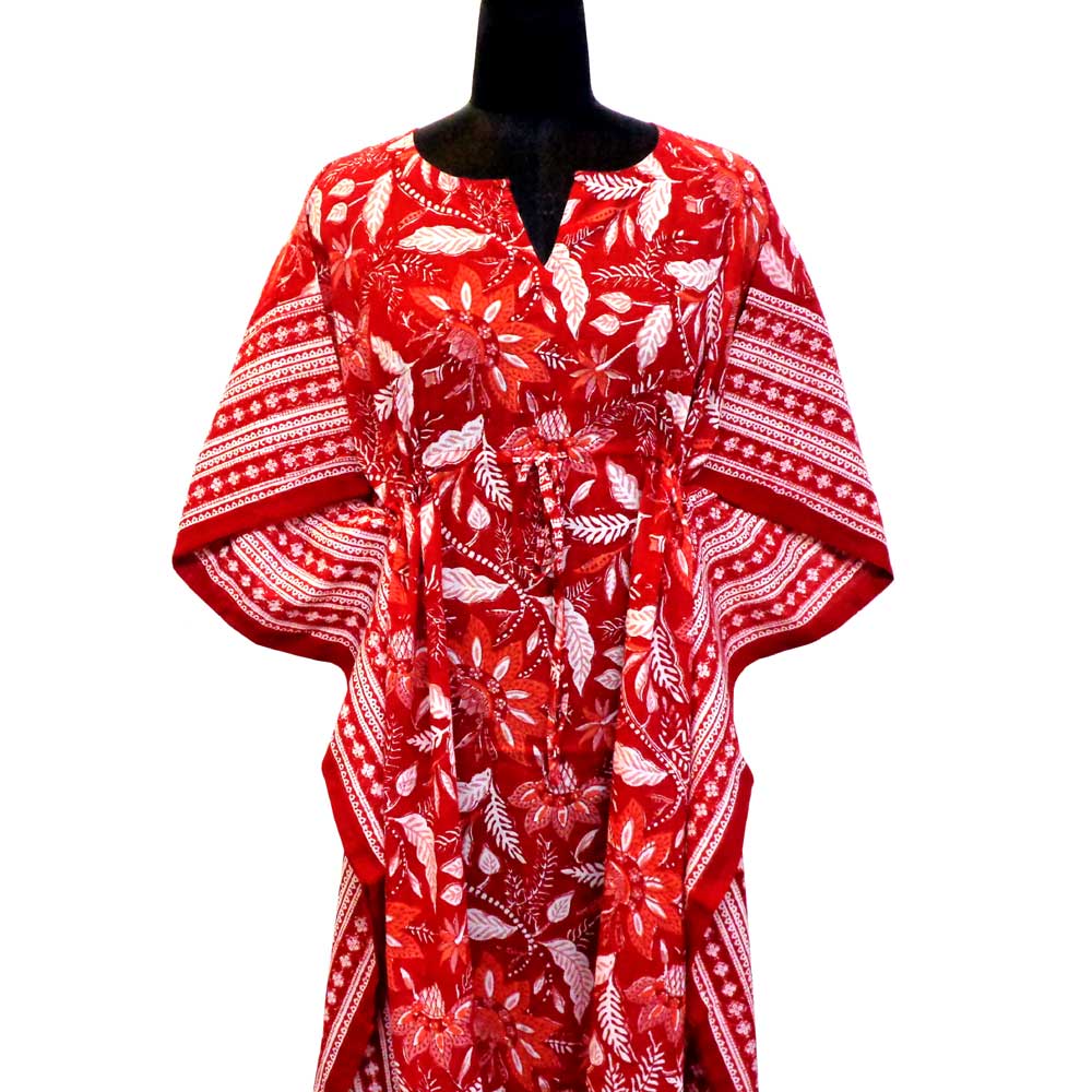 Long Size Kaftan Free Size Indian Block-Printed Loungewear in Soft Cotton Voile Bossanova Red Gud 208858