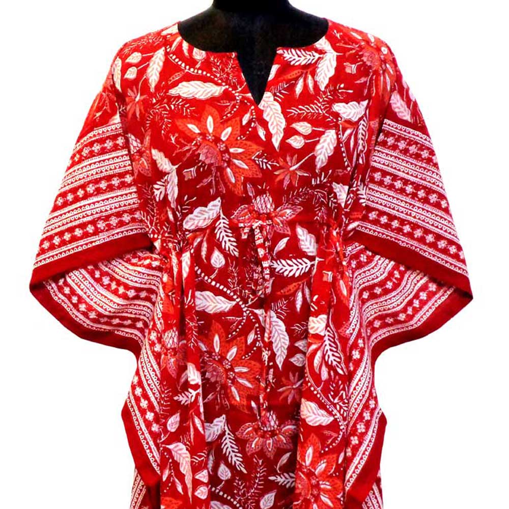 Long Size Kaftan Free Size Indian Block-Printed Loungewear in Soft Cotton Voile Bossanova Red Gud 208858