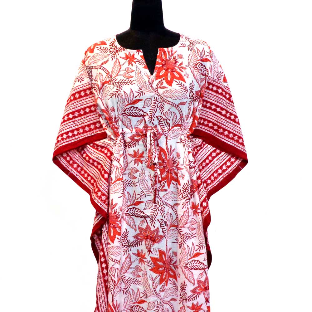 Long Size Kaftan Free Size Indian Block-Printed Loungewear in Soft Cotton Voile Bossanova Red Open 103700
