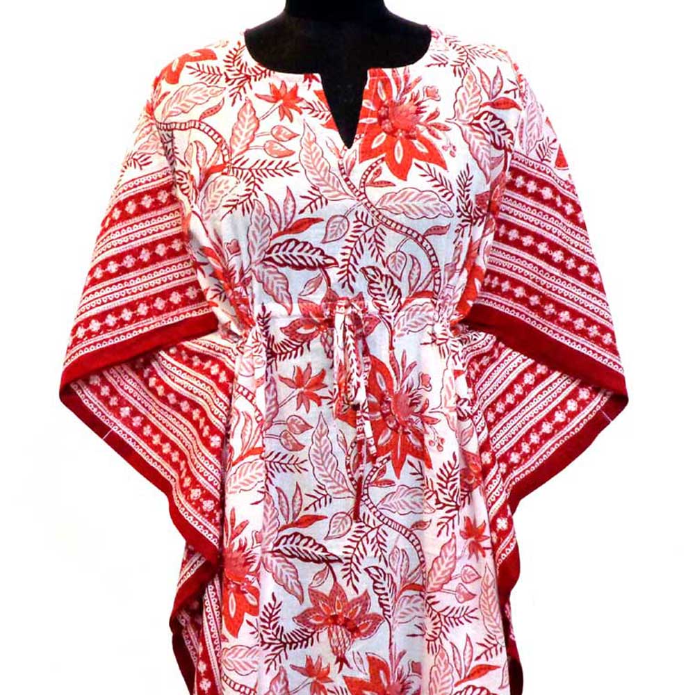 Long Size Kaftan Free Size Indian Block-Printed Loungewear in Soft Cotton Voile Bossanova Red Open 103700