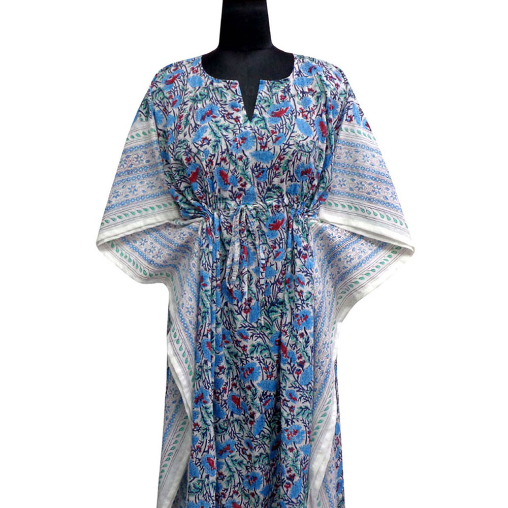 Long Size Kaftan Free Size Indian Block-Printed Loungewear in Soft Cotton Voile Bush Flower Blue Open 207709