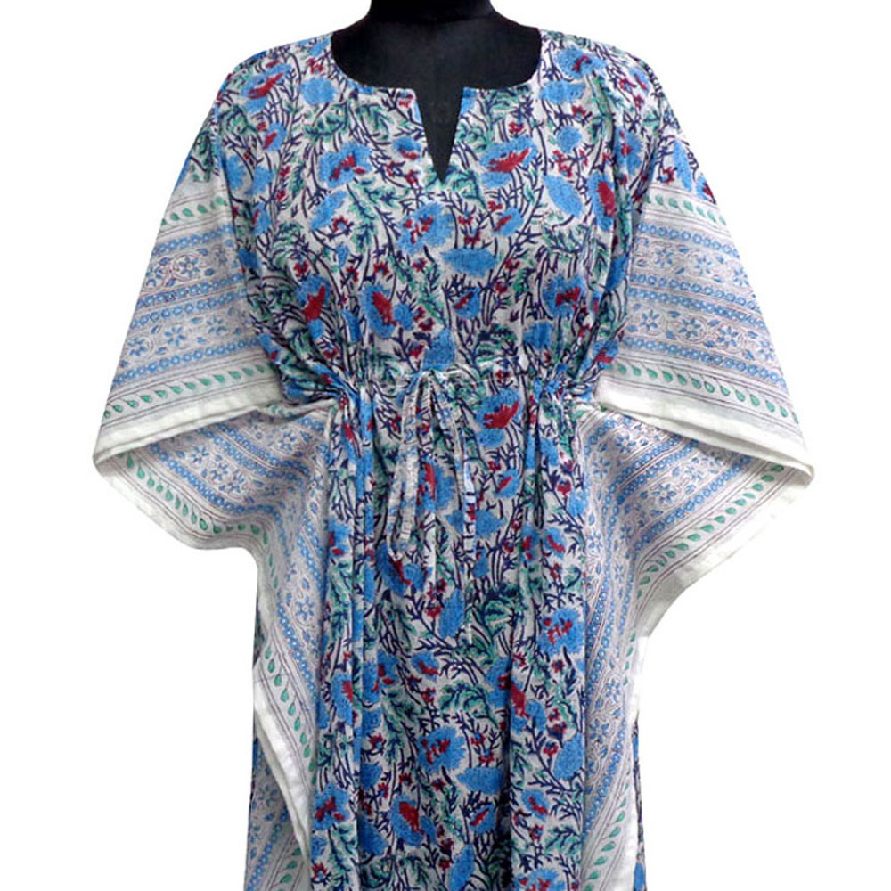 Long Size Kaftan Free Size Indian Block-Printed Loungewear in Soft Cotton Voile Bush Flower Blue Open 207709
