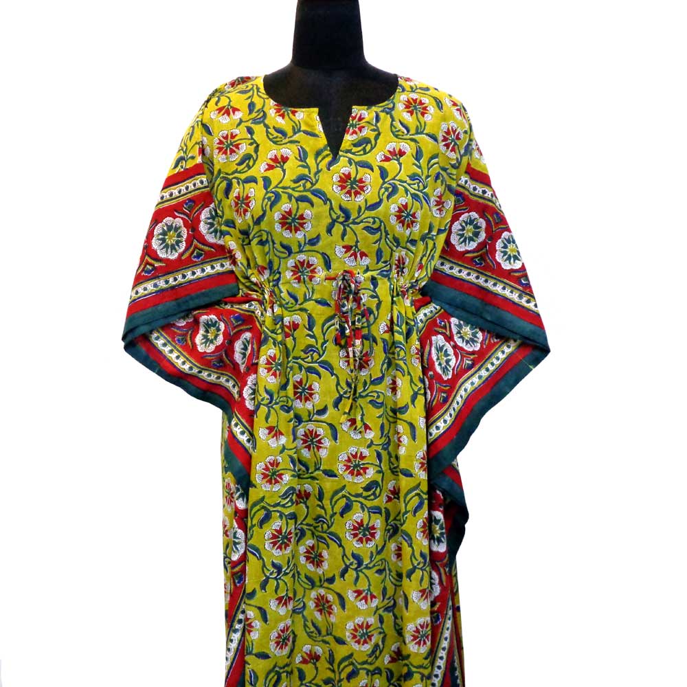 Long Size Kaftan Free Size Indian Block-Printed Loungewear in Soft Cotton Voile Chakri Green Gud 103575