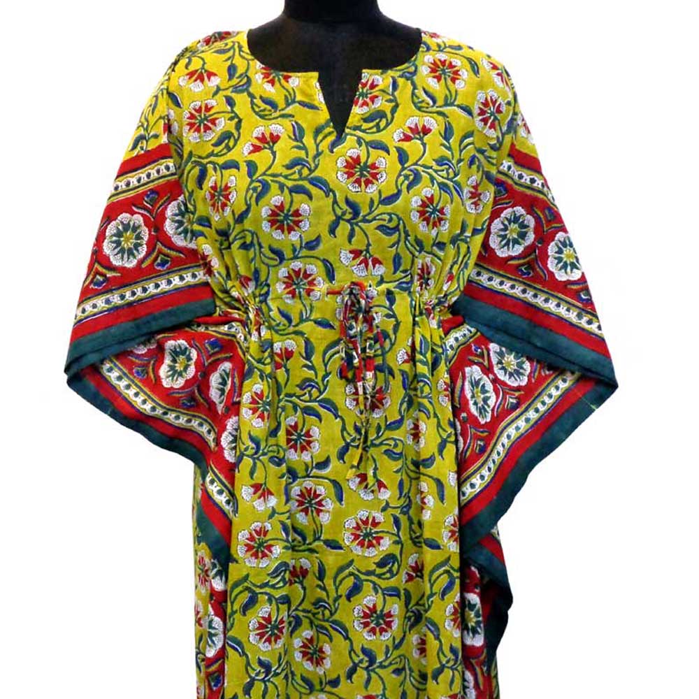 Long Size Kaftan Free Size Indian Block-Printed Loungewear in Soft Cotton Voile Chakri Green Gud 103575