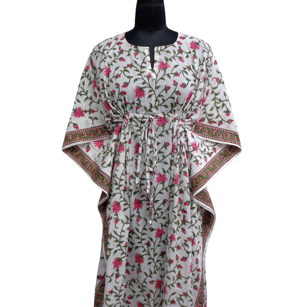 Long Size Kaftan Free Size Indian Block-Printed Loungewear in Soft Cotton Voile Floral Bale Pink 103562