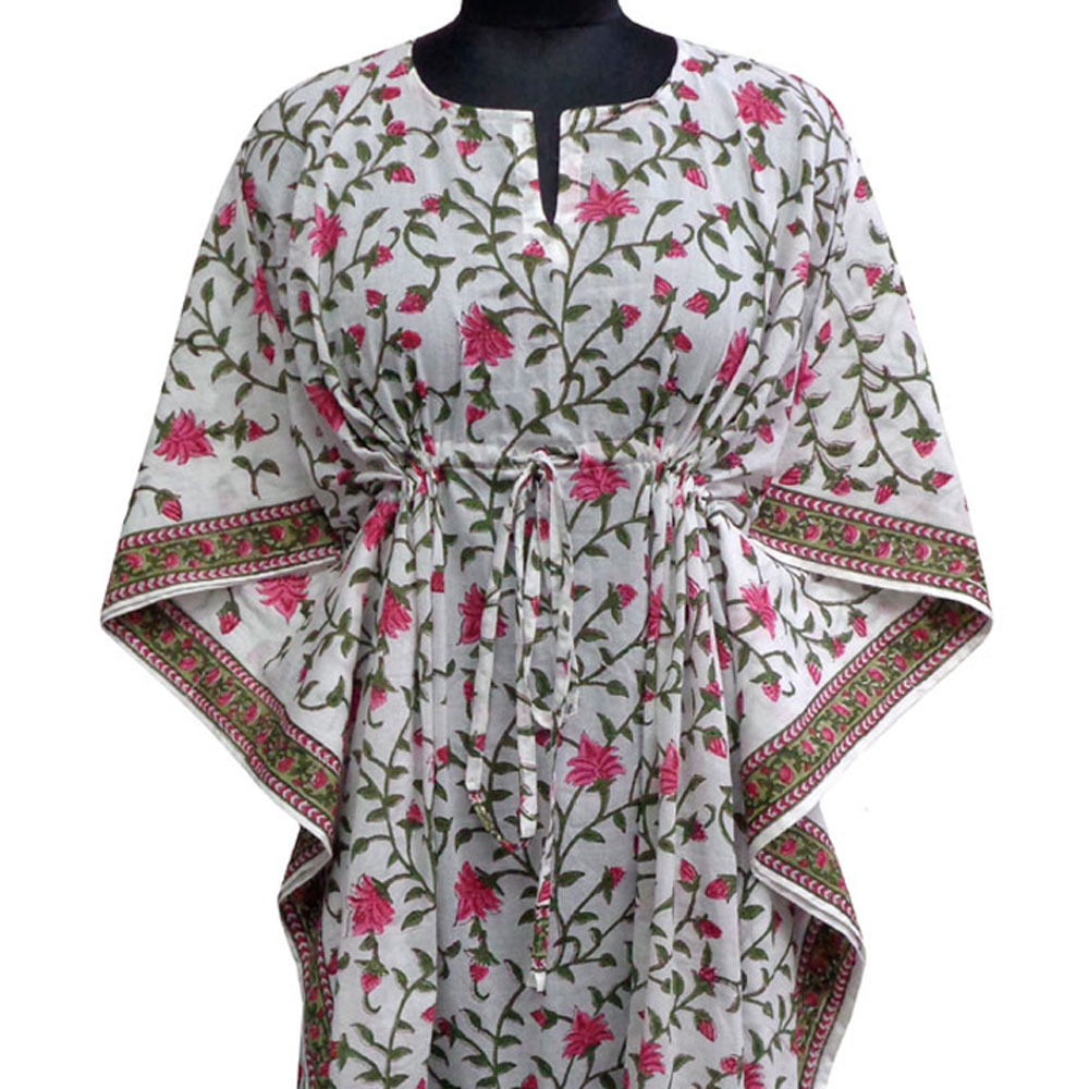 Long Size Kaftan Free Size Indian Block-Printed Loungewear in Soft Cotton Voile Floral Bale Pink 103562