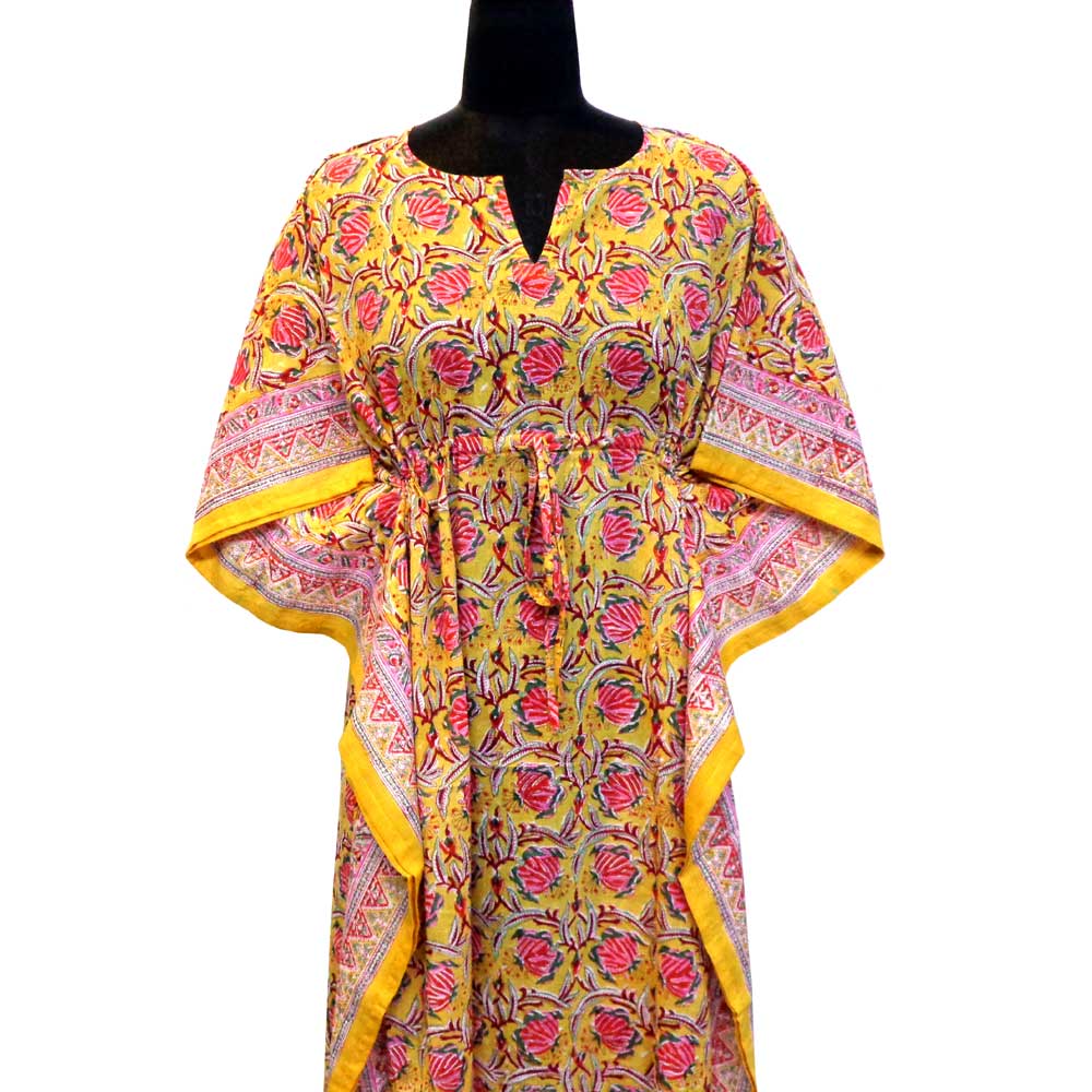 Long Size Kaftan Free Size Indian Block-Printed Loungewear in Soft Cotton Voile Frost Mustard Floral Gud 103239