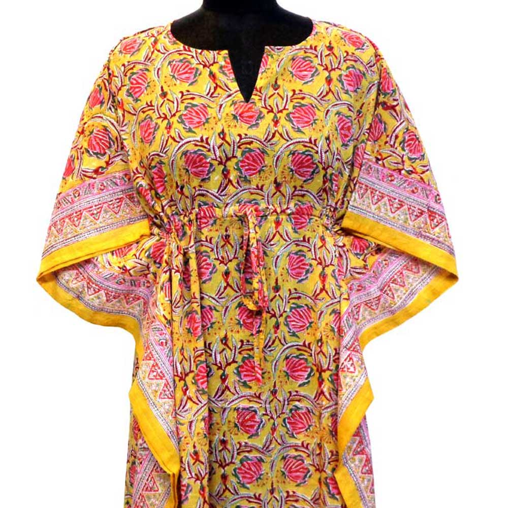 Long Size Kaftan Free Size Indian Block-Printed Loungewear in Soft Cotton Voile Frost Mustard Floral Gud 103239