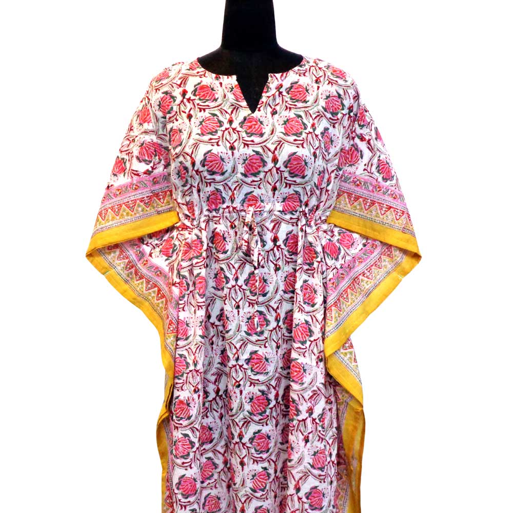 Long Size Kaftan Free Size Indian Block-Printed Loungewear in Soft Cotton Voile Frost Mustard Floral Open 103242