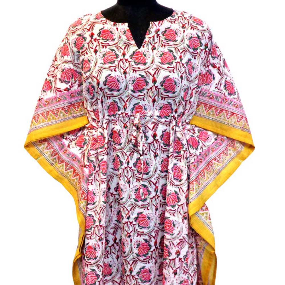 Long Size Kaftan Free Size Indian Block-Printed Loungewear in Soft Cotton Voile Frost Mustard Floral Open 103242
