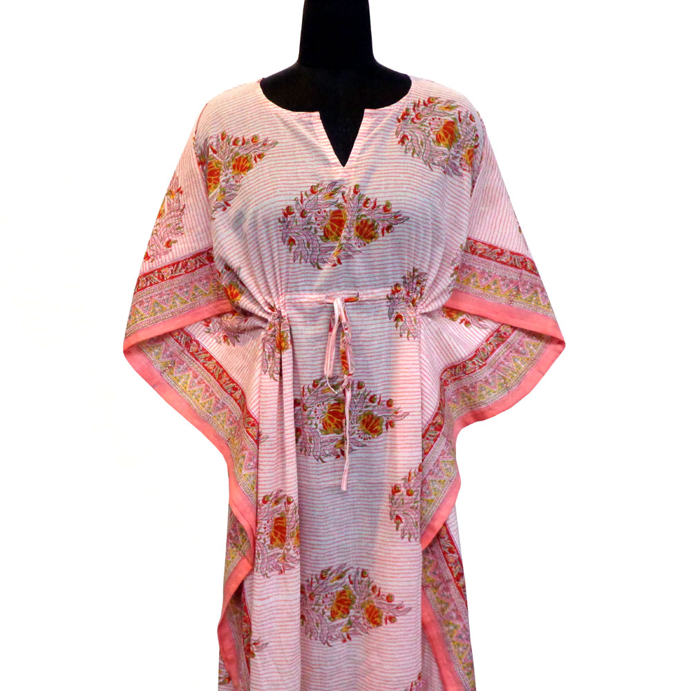 Long Size Kaftan Free Size Indian Block-Printed Loungewear in Soft Cotton Voile Frost Pink Floral Boota 202817