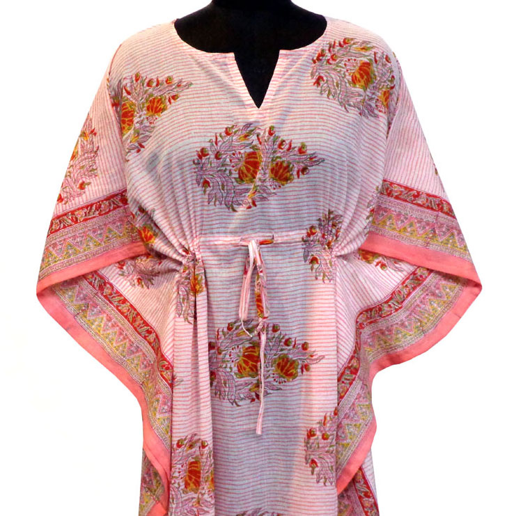 Long Size Kaftan Free Size Indian Block-Printed Loungewear in Soft Cotton Voile Frost Pink Floral Boota 202817