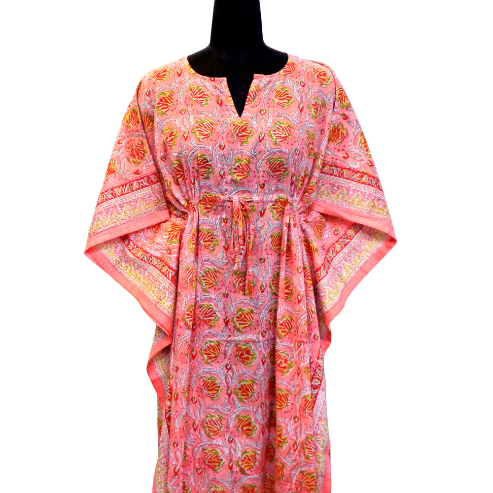 Long Size Kaftan Free Size Indian Block-Printed Loungewear in Soft Cotton Voile Frost Pink Floral 202816