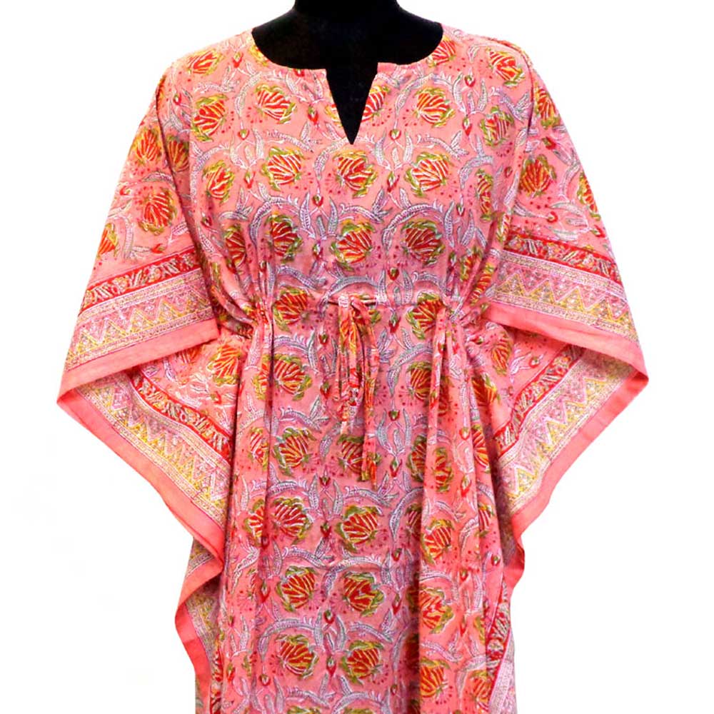 Long Size Kaftan Free Size Indian Block-Printed Loungewear in Soft Cotton Voile Frost Pink Floral 202816