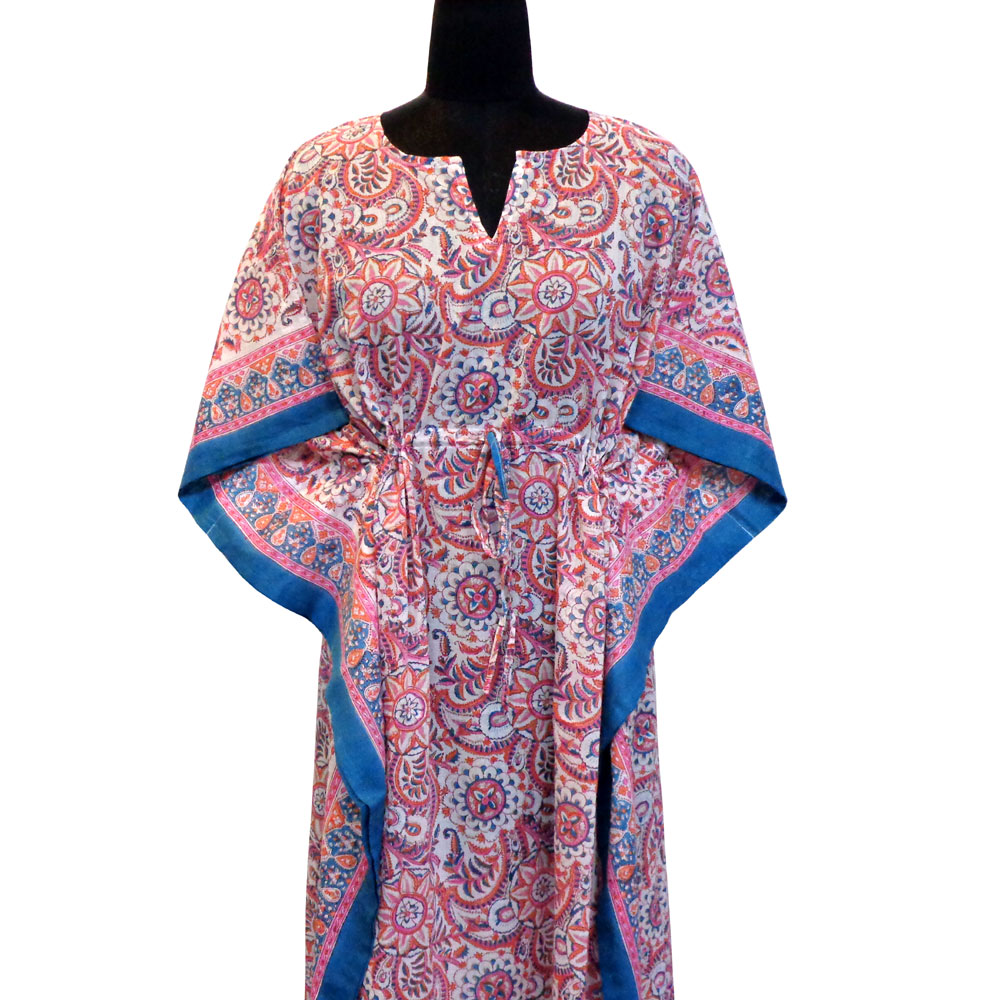 Long Size Kaftan Free Size Indian Block-Printed Loungewear in Soft Cotton Voile Kusum Gulabi Jaal 106025