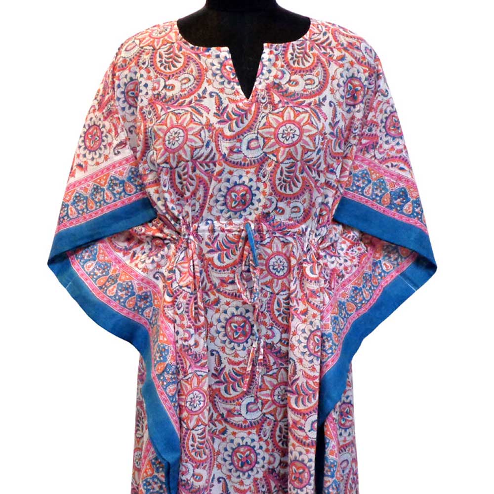 Long Size Kaftan Free Size Indian Block-Printed Loungewear in Soft Cotton Voile Kusum Gulabi Jaal 106025