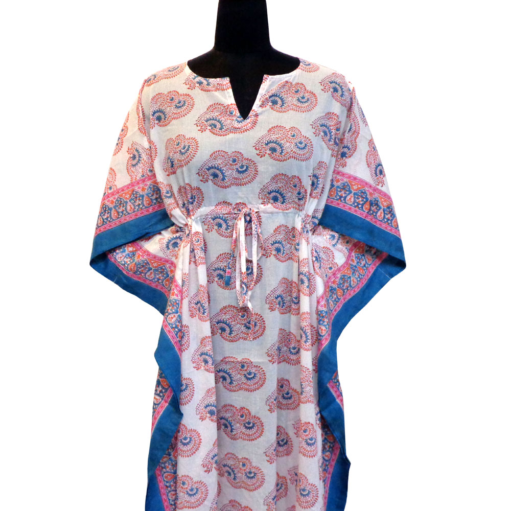 Long Size Kaftan Free Size Indian Block-Printed Loungewear in Soft Cotton Voile Kusum Gulabi Boota 205379