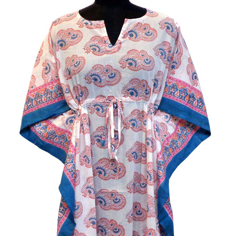 Long Size Kaftan Free Size Indian Block-Printed Loungewear in Soft Cotton Voile Kusum Gulabi Boota 205379