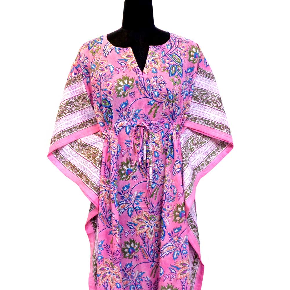 Long Size Kaftan Free Size Indian Block-Printed Loungewear in Soft Cotton Voile Misty Pink Gud 103215
