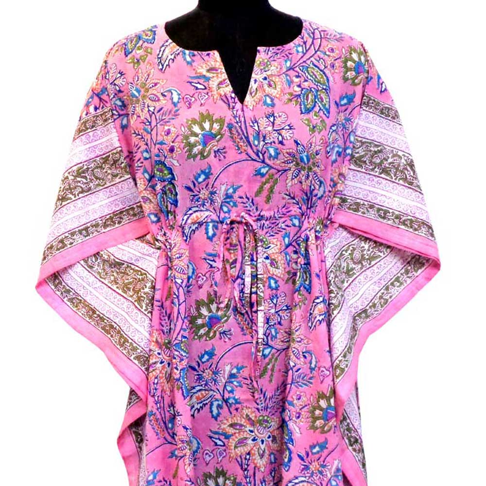 Long Size Kaftan Free Size Indian Block-Printed Loungewear in Soft Cotton Voile Misty Pink Gud 103215