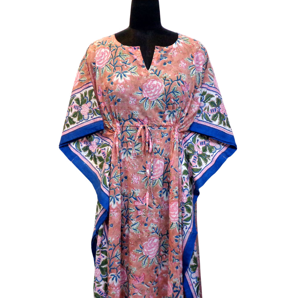Long Size Kaftan Free Size Indian Block-Printed Loungewear in Soft Cotton Voile Misty Rose Gud 202873
