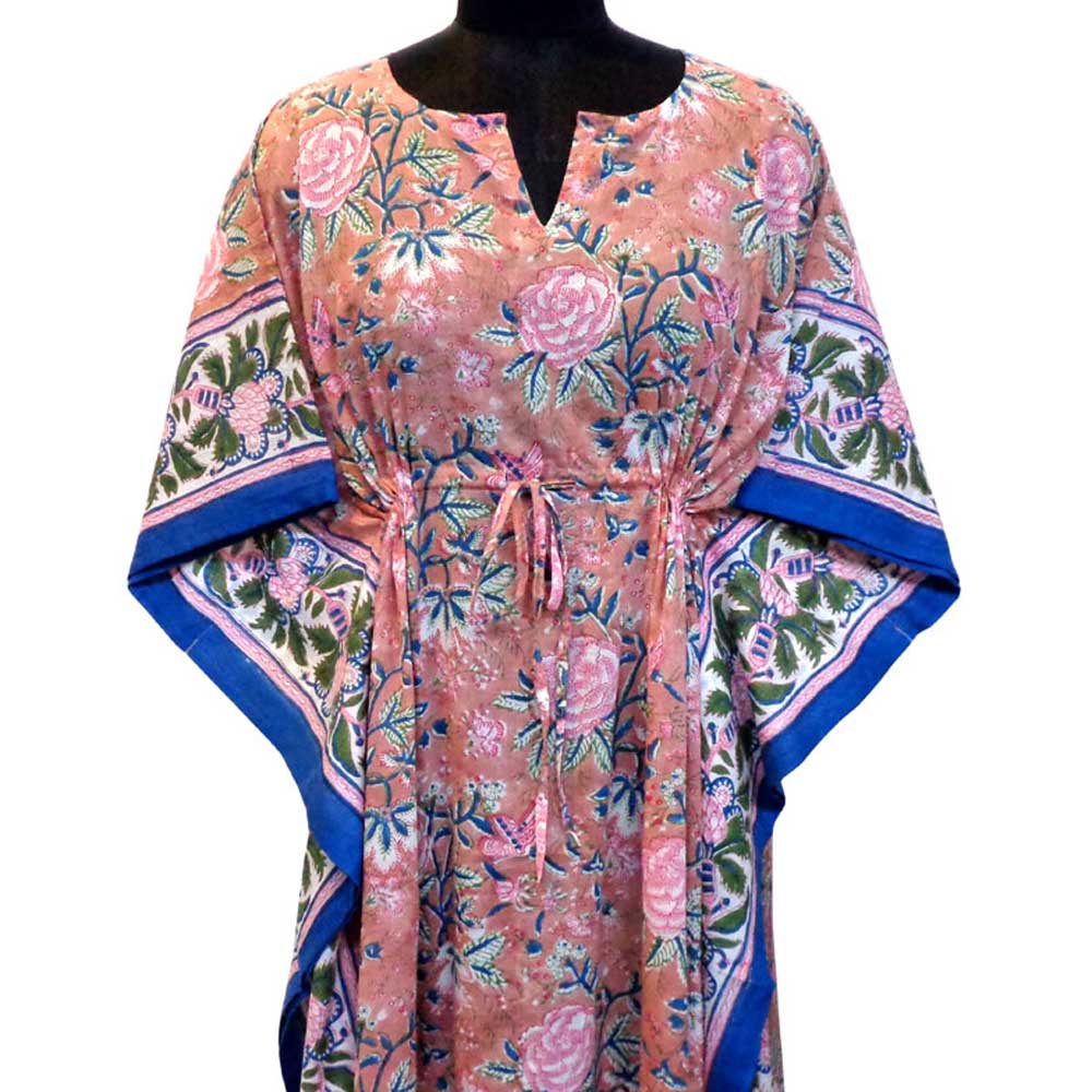Long Size Kaftan Free Size Indian Block-Printed Loungewear in Soft Cotton Voile Misty Rose Gud 202873