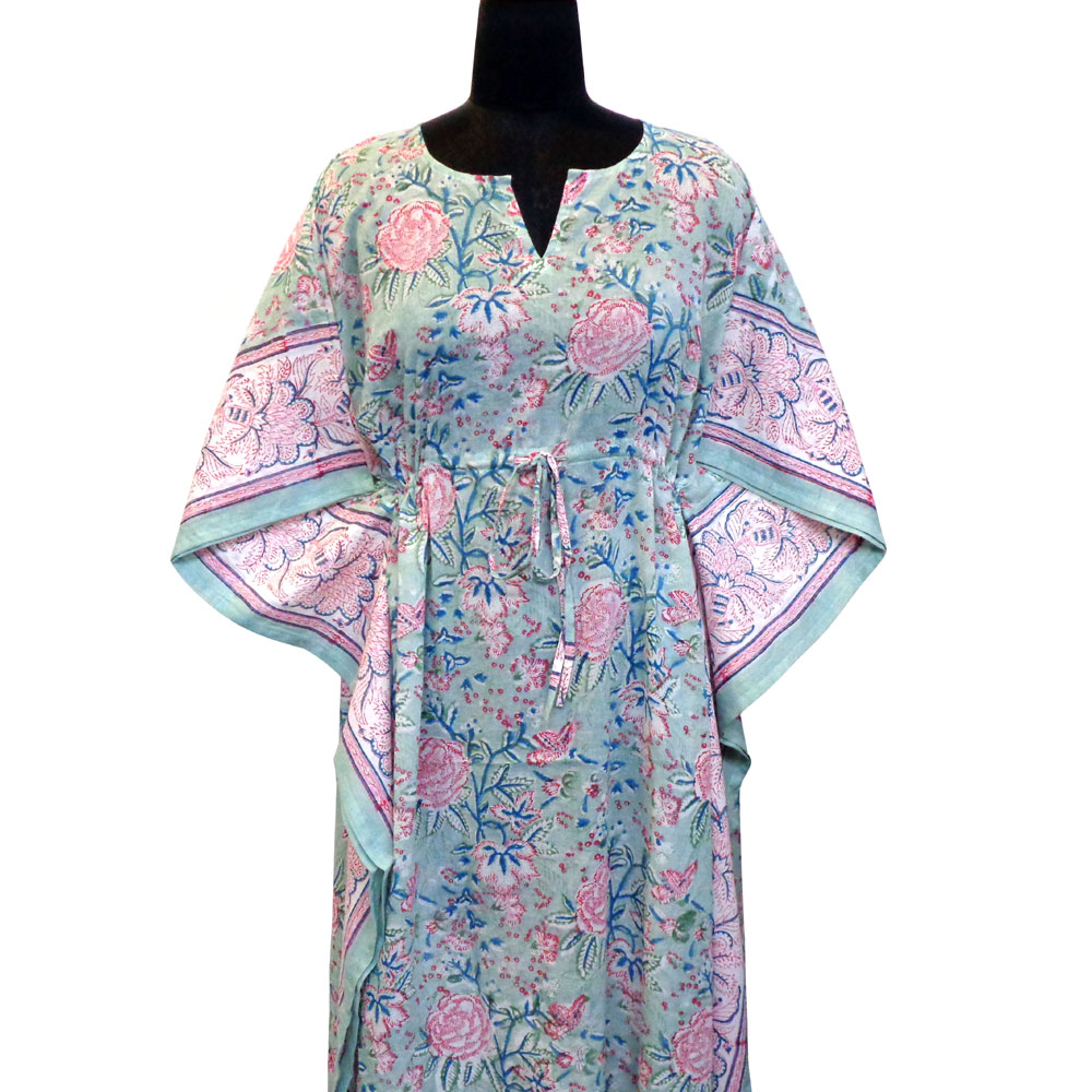 Long Size Kaftan Free Size Indian Block-Printed Loungewear in Soft Cotton Voile Naya Gulab Gud 103570