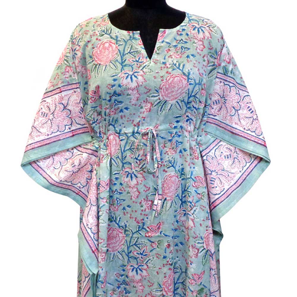 Long Size Kaftan Free Size Indian Block-Printed Loungewear in Soft Cotton Voile Naya Gulab Gud 103570