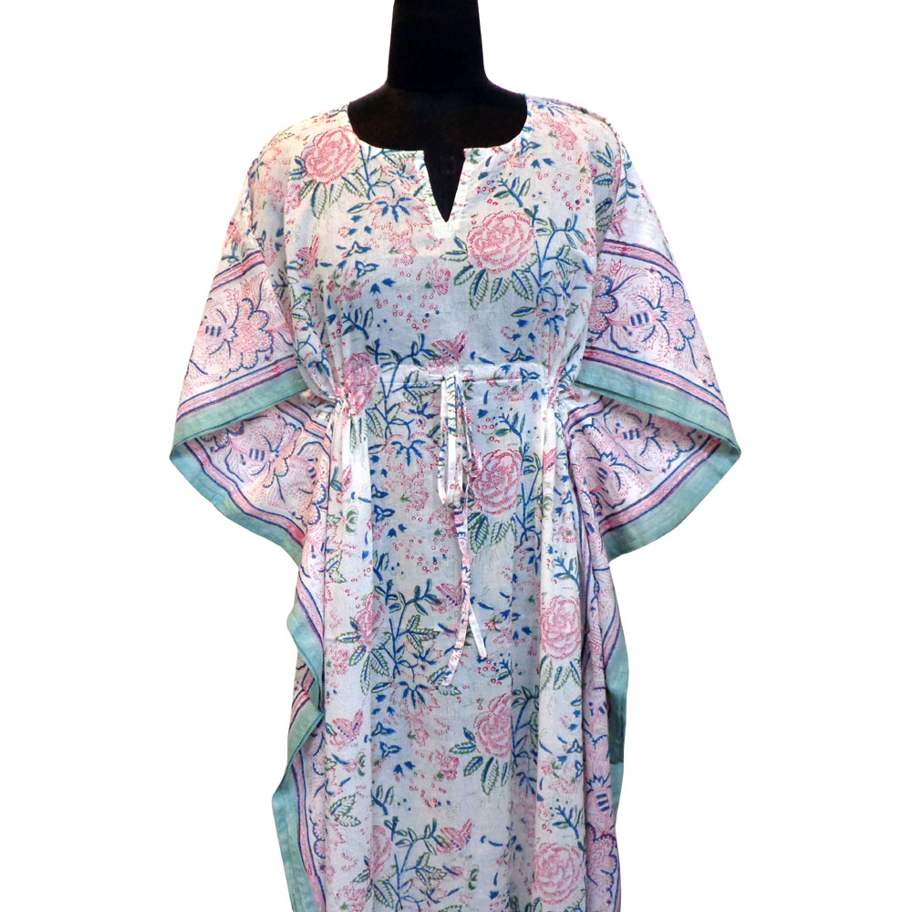 Long Size Kaftan Free Size Indian Block-Printed Loungewear in Soft Cotton Voile Naya Gulab Open 103597